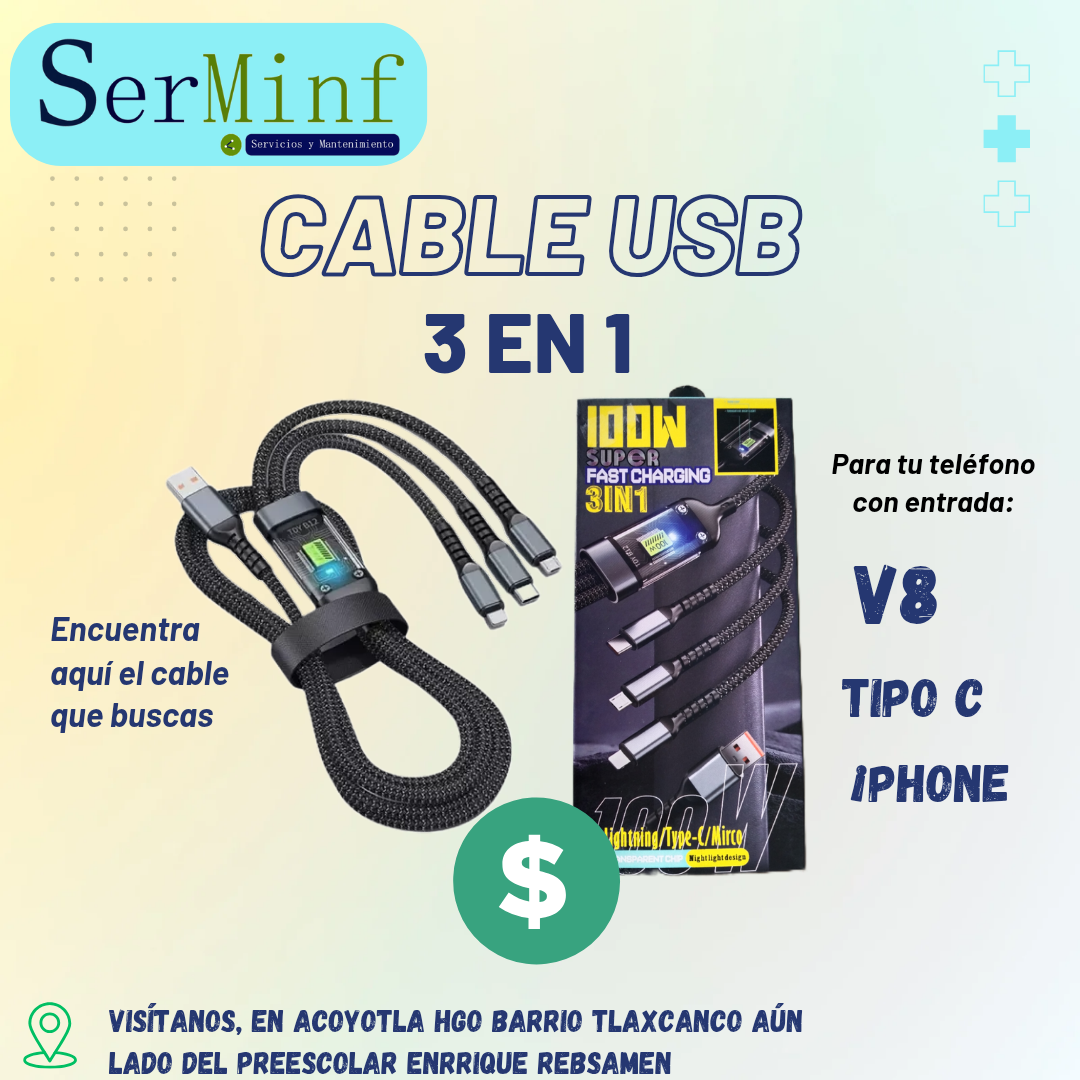 Cable USB 3 en 1 (para V8, Tipo C, iphone)